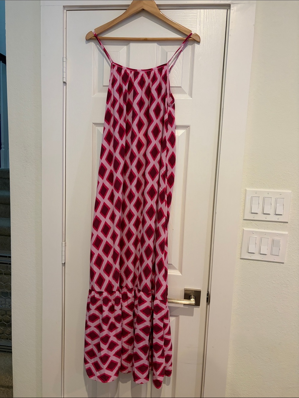 Women's Pink Geo Print Maxi Dress with Spaghetti Straps